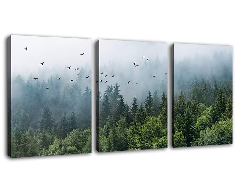 tigeridge Green Forest Wall Art Tropical Foggy Forest Mountain Bird Contemporary Canvas Pictures Modern Artwork Framed for Bathroom Bedroom Nursery Living Room Home Office Kitchen Wall Decor 12" x 16" 3 Pieces - Image 1